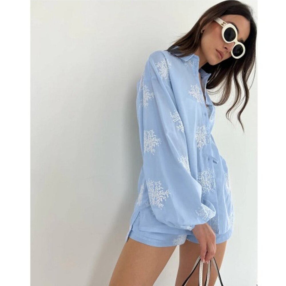 Commense Semi-Sheer Plant Embroidery Casual Shorts Set NWT, Size M - Picture 3 of 17